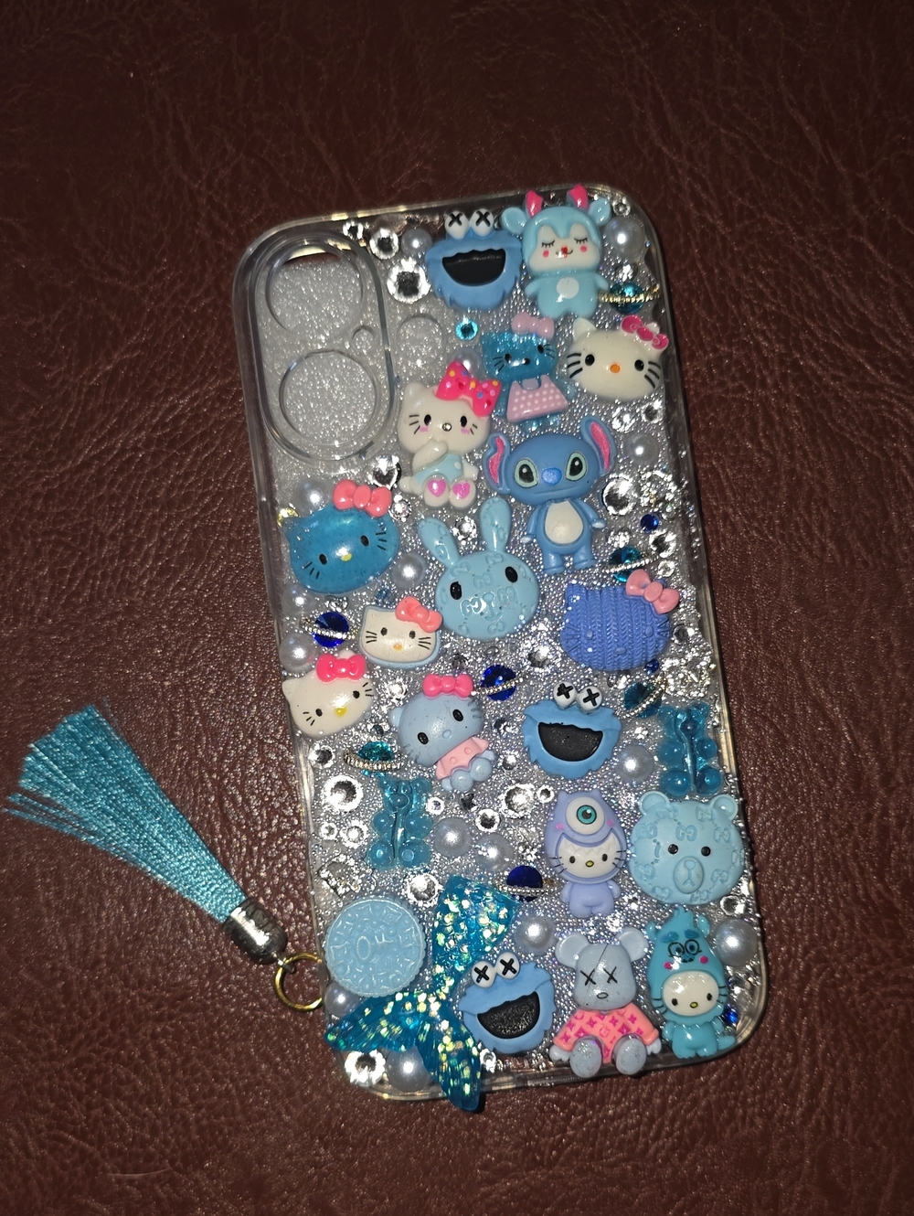 Blue Cute Swarovski Embellished iPhone 16 Case with Tassel Charm
